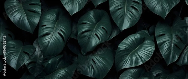Obraz Dark Monstera Leaf Pattern Background — Lush Tropical Green Foliage Texture.