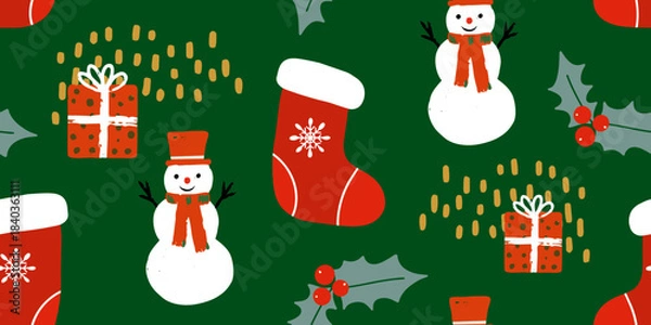 Obraz Festive Christmas Seamless Pattern with Snowmen and Stockings
