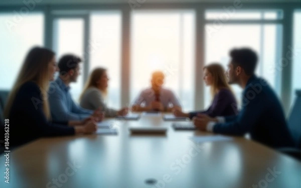 Fototapeta Blurred view of business professionals collaborating during a meeting in modern office. High quality