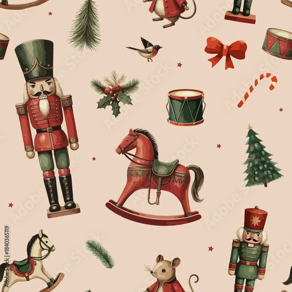 Obraz Seamless Christmas Pattern with Nutcracker and Toys