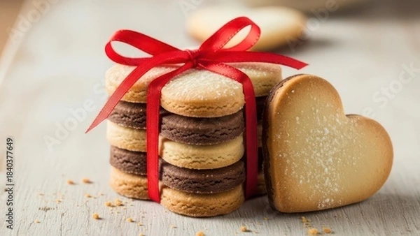 Fototapeta Stack of round and heartshaped cookies tied with a red ribbon