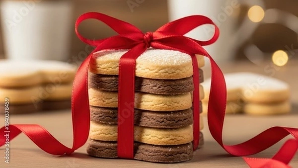 Fototapeta Stack of vanilla and chocolate shortbread cookies tied with a red ribbon as a gift
