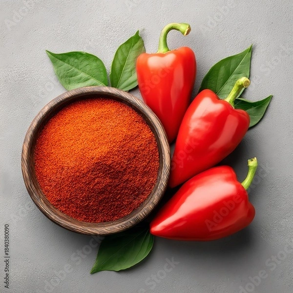 Fototapeta Vibrant red peppers with spice in a bowl.