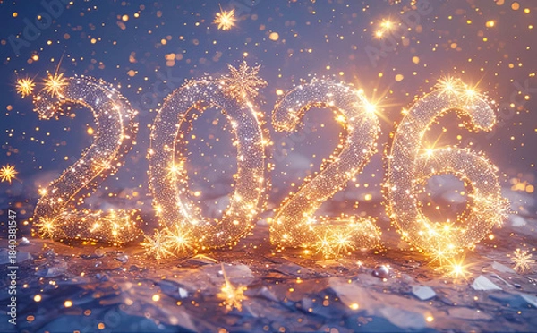 Fototapeta Sparkling Golden 2026 New Year Numerals Crafted from Twinkling Lights and Glitter, Adorned with Snowflakes and Stars on Deep Indigo Background