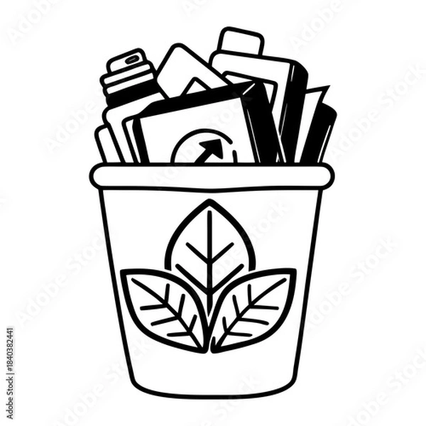 Fototapeta Black vector recycling bin filled with waste items and a recycling sign decorated with leaves, outline eco recycling concept, isolated on white background