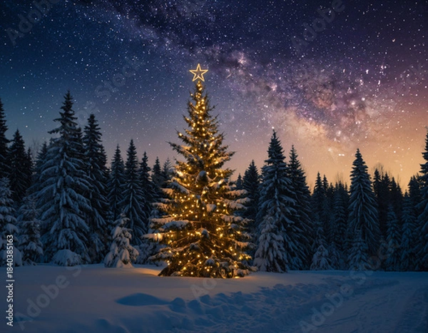 Fototapeta Magical Christmas Tree with Golden Lights in Snowy Forest Under Milky Way