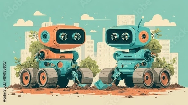 Obraz Two Robots in City Landscape