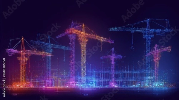 Obraz Wireframe Tower Cranes at Night