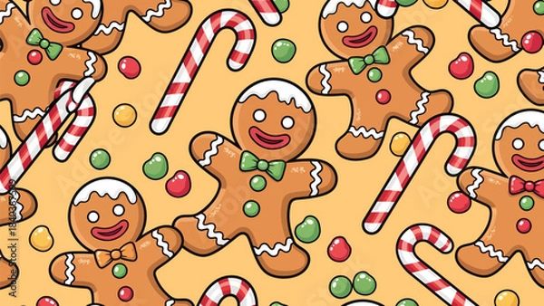 Fototapeta Seamless pattern with happy gingerbread men and festive candy canes for holiday backgrounds