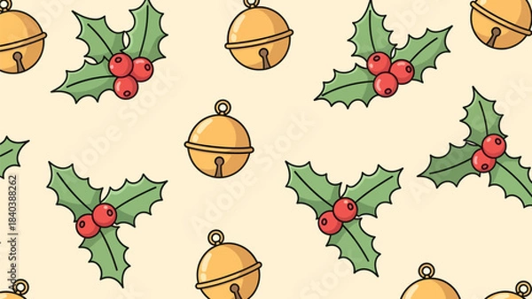 Fototapeta Seamless holiday pattern with holly berries and classic jingle bells for wrapping paper
