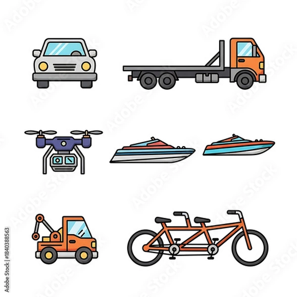 Obraz Flat Design Transportation Icons Set: drone, truck, speed boat, bicycle, car.