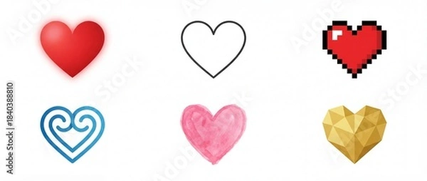 Obraz Heart Icon Set for Love, Romance and Affection Themes. Featuring Outline, Pixel, Geometric, Hand Drawn and Artistic Heart Symbols. Panoramic