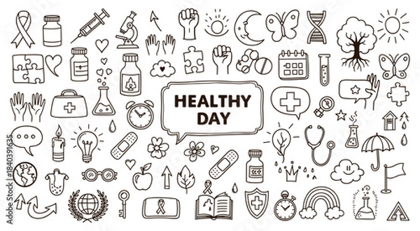 Obraz A comprehensive collection of hand-drawn health and wellness doodle icons illustrating various aspects of medical care, daily well-being, and a healthy lifestyle perfect for graphic design projects