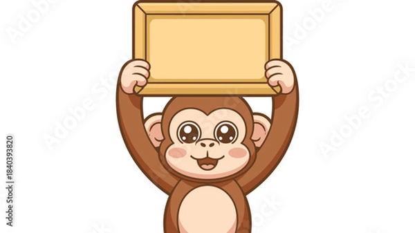 Obraz Cartoon Monkey Holding Blank Rectangular Sign, Cute Animal Illustration for Marketing and Advertising Concepts
