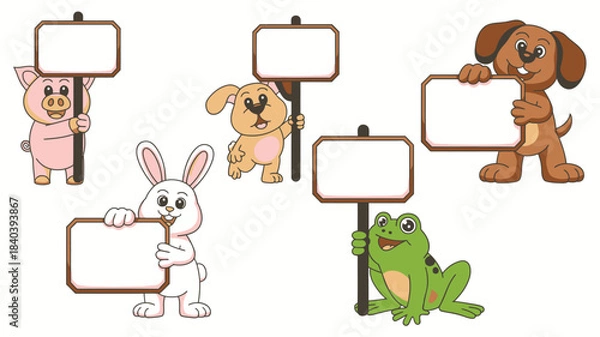 Obraz Cartoon Pig, Puppy, Bunny, Dog, and Frog Holding Blank Signs on a White Background