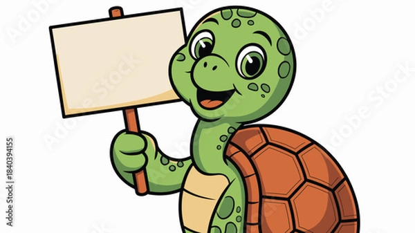 Obraz Cartoon Turtle Smiling Holding Up a Blank Sign for Adding Your Own Text Here