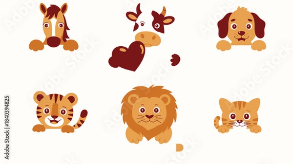 Obraz Cute Cartoon Animals Horse, Cow, Dog, Tiger, Lion, and Cat Poking Over Edge