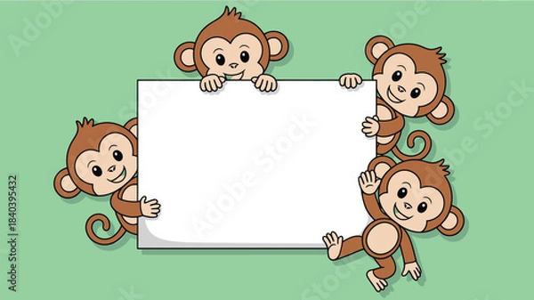 Obraz Four Cute Cartoon Monkeys Holding a Blank White Sign on a Green Background