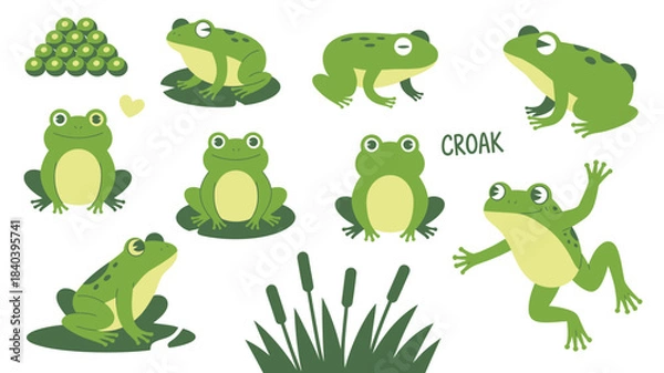 Obraz Illustrated Set of Green Frogs in Various Poses with Eggs, Reeds, and Croak Text