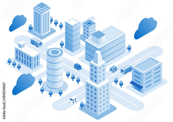 Fototapeta アイソメトリックの街並み｜俯瞰イラスト