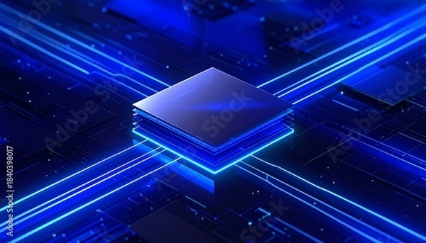Fototapeta 近未来の青い光に包まれた半導体チップが電子基板上で発光する構図