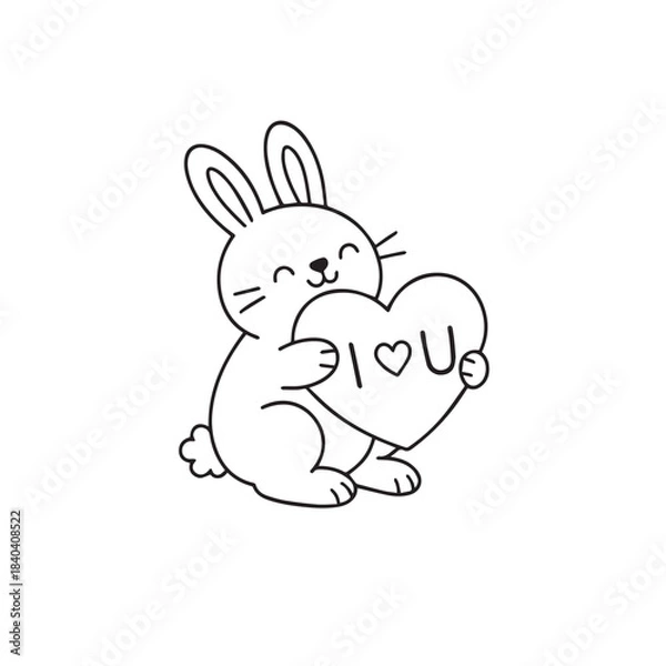 Fototapeta Bunny Holding "I Love You" Heart. Cute rabbit with a love message in a simple line-art style