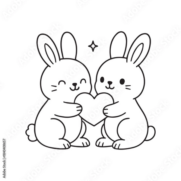 Fototapeta Two Bunnies Holding a Heart. Cute line-art rabbits sharing a heart symbol of love