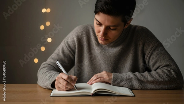 Fototapeta Man writing in notebook while sitting at wooden table indoors  