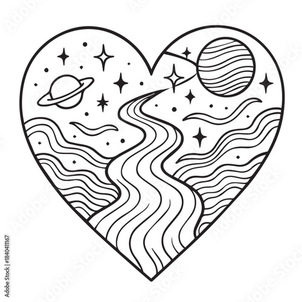 Fototapeta Cosmic Heart Path. A cosmic landscape inside a heart shape.