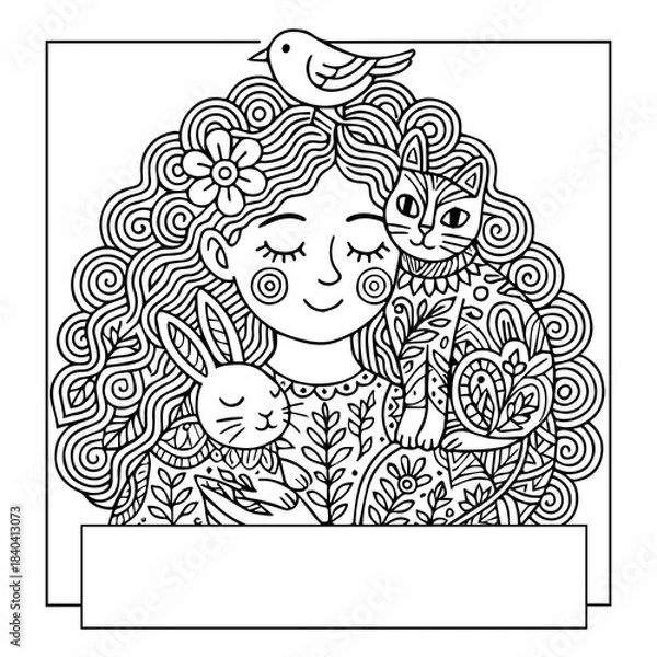 Fototapeta Bunny Holding "I Love You" Heart. Cute rabbit with a love message in a simple line-art style