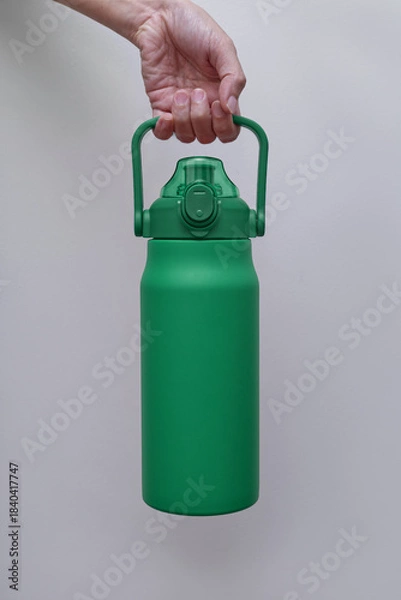 Fototapeta A hand holds a large, textured green insulated water bottle with a convenient handle and straw lid. 
