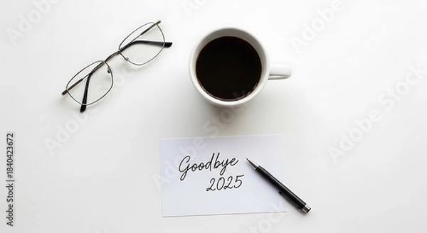 Obraz Eyeglasses coffee goodbye note and pen on white surface