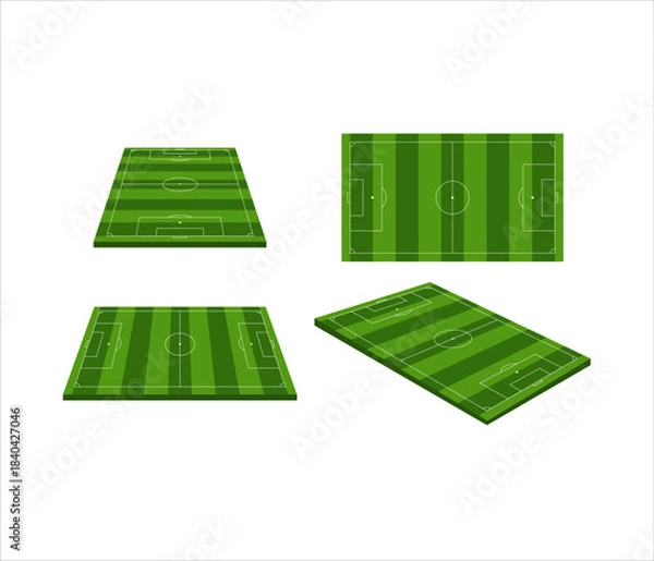 Fototapeta Multiple views of a green football or soccer pitch illustration including top down and angled 3D perspectives