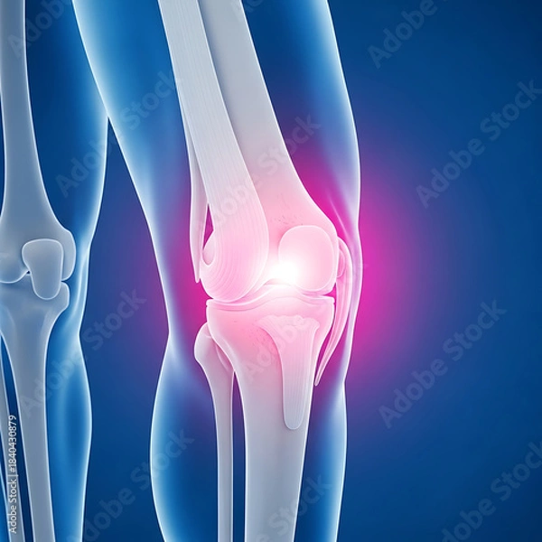 Obraz 3D visualization of human knee joint anatomy highlighting inflammation and bone pain concept