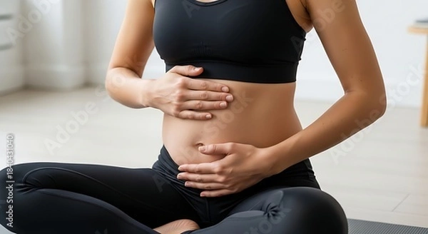 Fototapeta A close-up of a woman seated on a yoga mat, with her posture creating gentle abdominal folds that emphasize her naturally fuller midsection