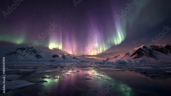 Fototapeta Brilliant green aurora borealis illuminates frozen polar waters beneath a dark, starry sky