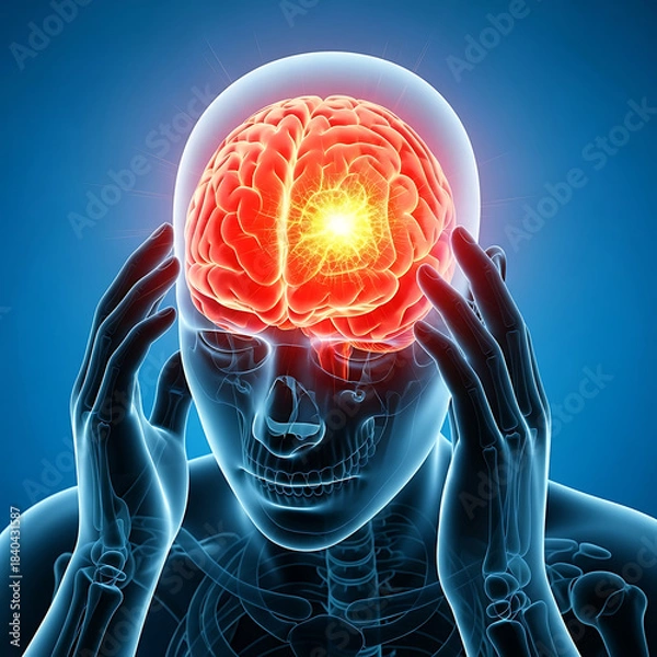 Obraz X-ray visualization of severe headache pain affecting the human brain with intense glowing epicenter