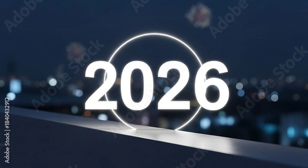 Fototapeta A clean and modern “2026” displayed in bold white sans-serif typography floats above a sleek rooftop ledge overlooking a softly glowing city at night.