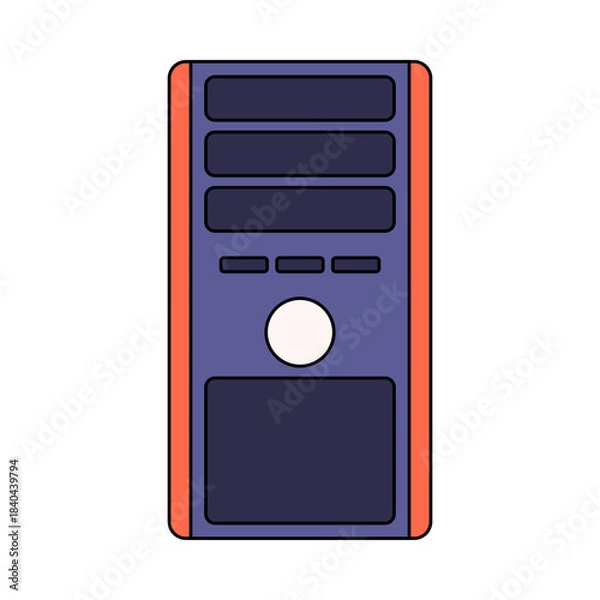 Obraz Computer Tower Flat design style, a classic PC chassis with front panel, useful for tech system visuals, hardware diagrams, and computing themed designs.