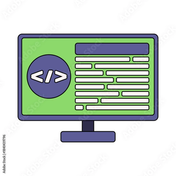 Obraz Code Monitor Flat design style, screen displaying coding lines, perfect for software, development, and programming themed visuals.