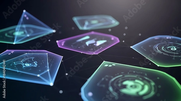 Fototapeta Abstract futuristic polygonal shapes floating in a dark space with glowing neon light effects creating a digital and technological atmosphere