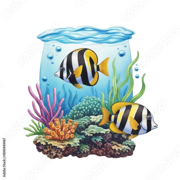 Fototapeta Watercolor Two striped fish in coral reef isolated on a transparent background