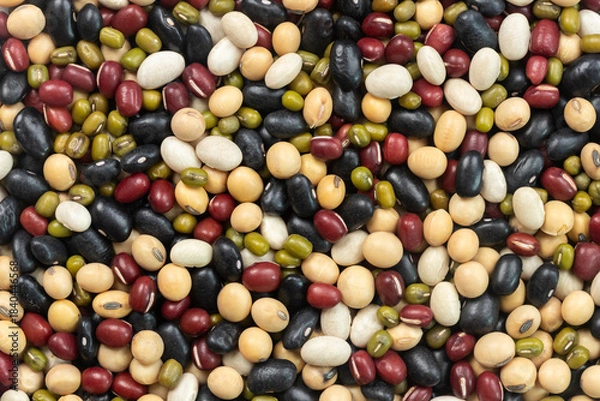 Fototapeta Pile of five mixed beans for background. (soybean, azuki bean, mung bean, white kidney bean, black bean)