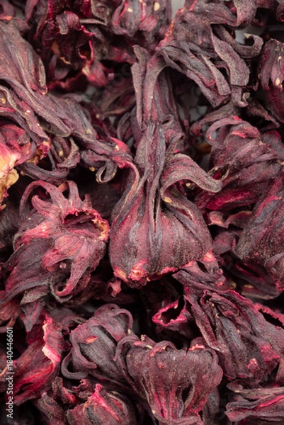 Fototapeta Pile of dried Roselle calyxes for background. Top view