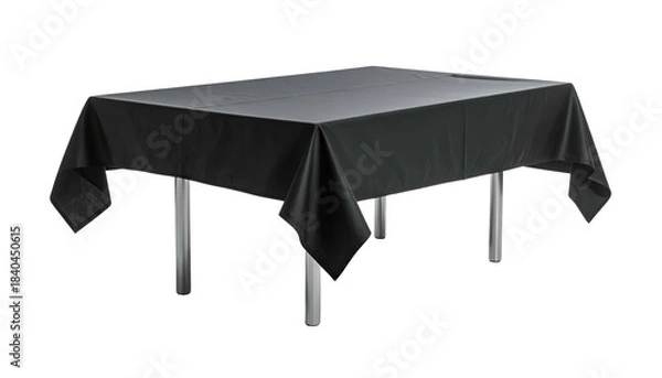 Fototapeta A rectangular table covered in a sleek, black tablecloth with metal legs, isolated on black