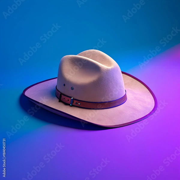 Fototapeta Fashionable cowboy hat with the neon lights background, a unique shape and design and highlighting its wide brim and structured crown.