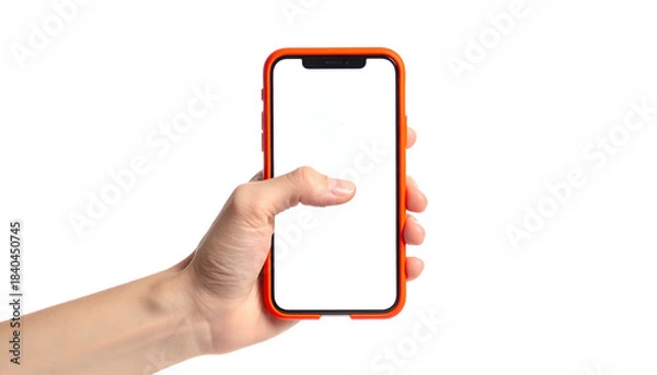 Fototapeta A hand holding a smartphone with a blank white screen and a bright orange case against black