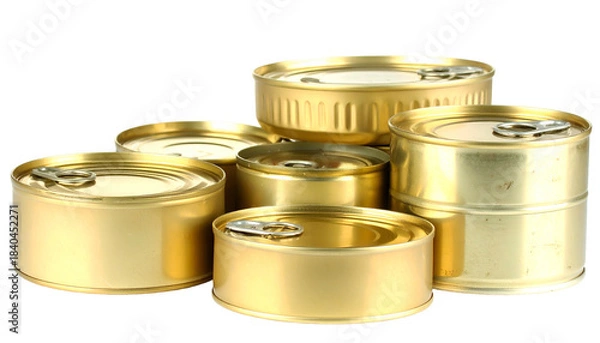 Fototapeta Several shiny, gold-colored metal cans, stacked and arranged, with pull-top openings visible