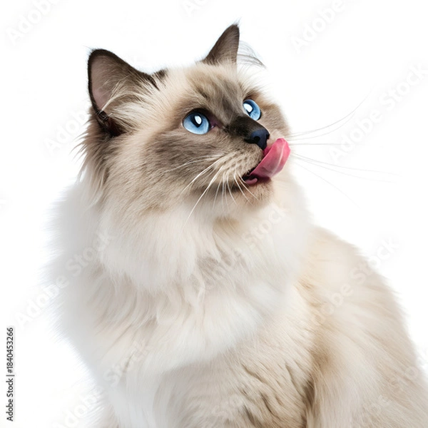 Fototapeta Birman cat brown and white on the white background, white cat with blue eyes in light brown and light black, dark magenta and beige, and light indigo and light beige. the cat is in exaggerated poses.