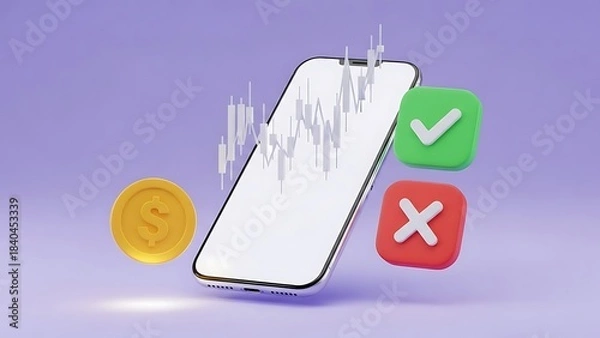 Fototapeta Mobile trading concept with candlestick chart dollar coin and choice icons floating